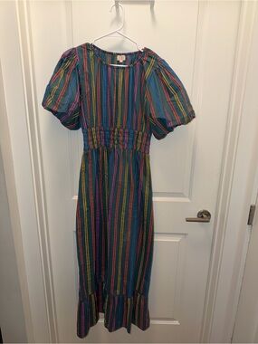 Striped Puff-Sleeve Midi Dress in Teal Multicolor